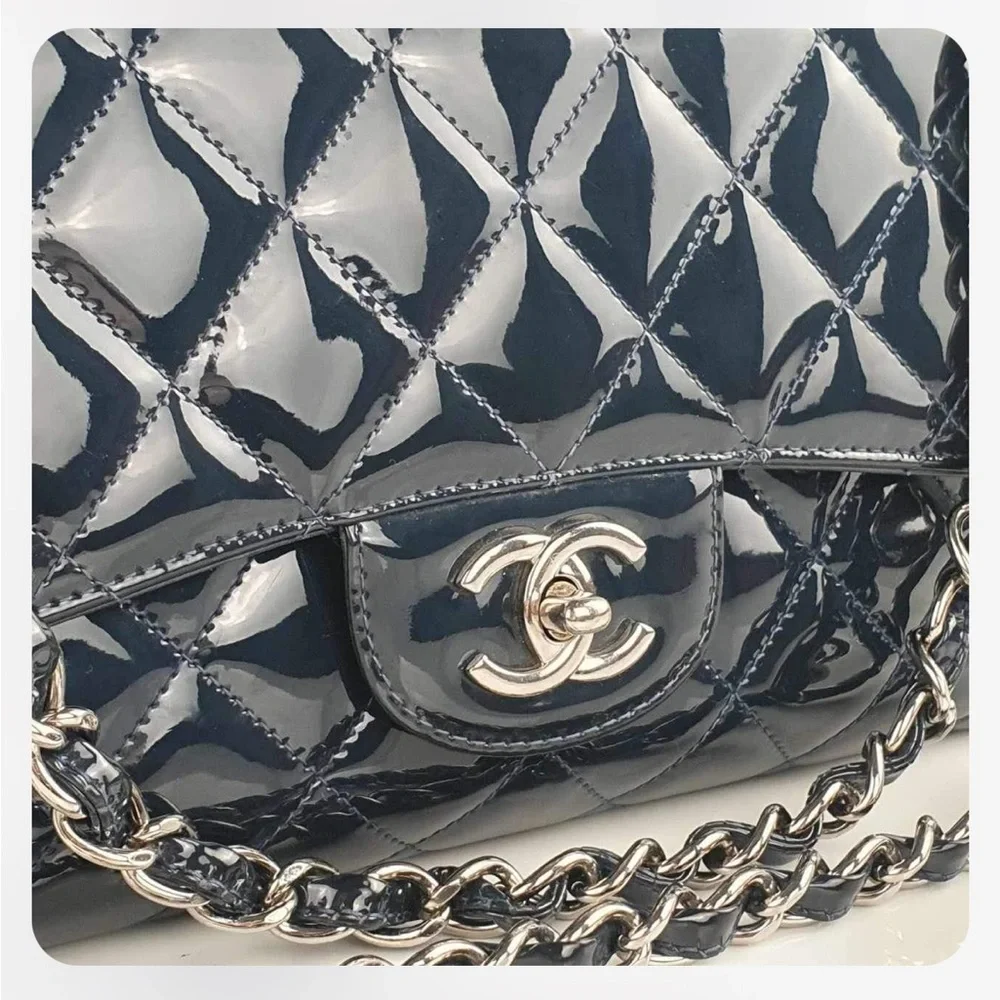 Chanel Navy Quilted Patent Leather Jumbo Maxi Bag - Picture 9 of 13